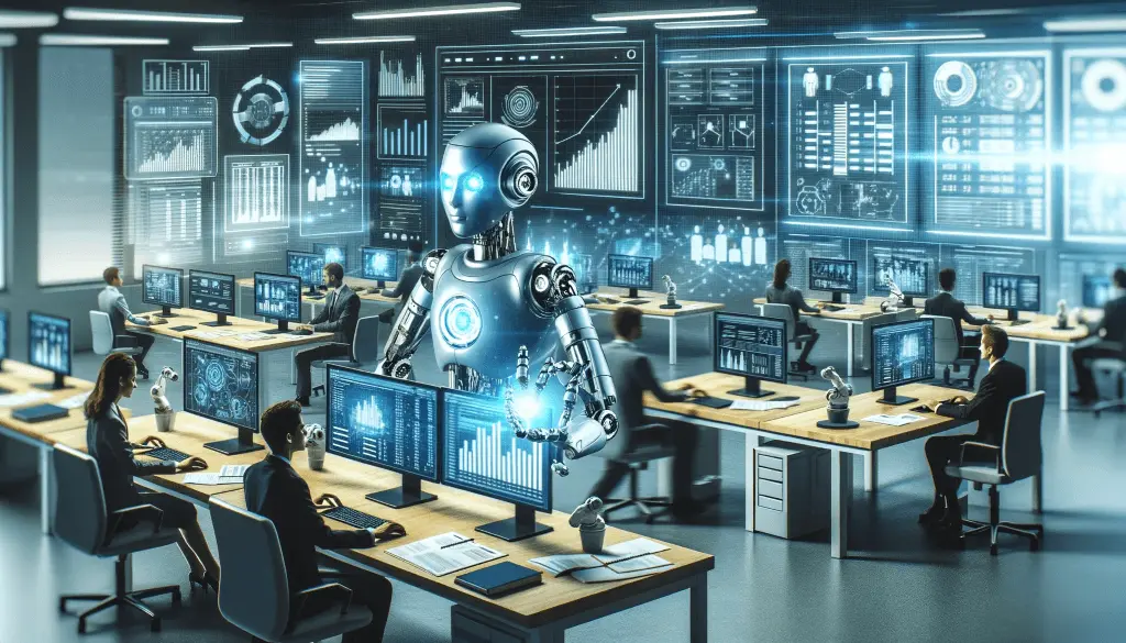 " A futuristic office environment with humans working at computer stations and a humanoid robot interacting with digital screens displaying various graphs and data."