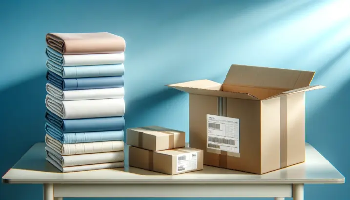 A neatly stacked pile of fabrics beside an open cardboard box and smaller packages on a table, set against a blue background with light rays	A neatly stacked pile of fabrics beside an open cardboard box and smaller packages on a table, set against a blue background with light rays