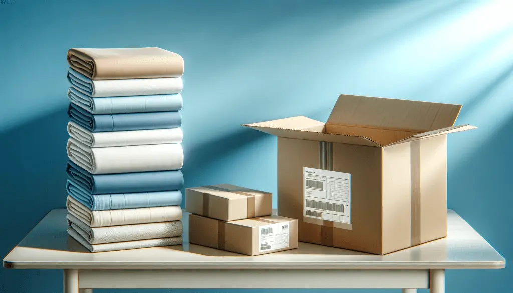 A neatly stacked pile of fabrics beside an open cardboard box and smaller packages on a table, set against a blue background with light rays.
