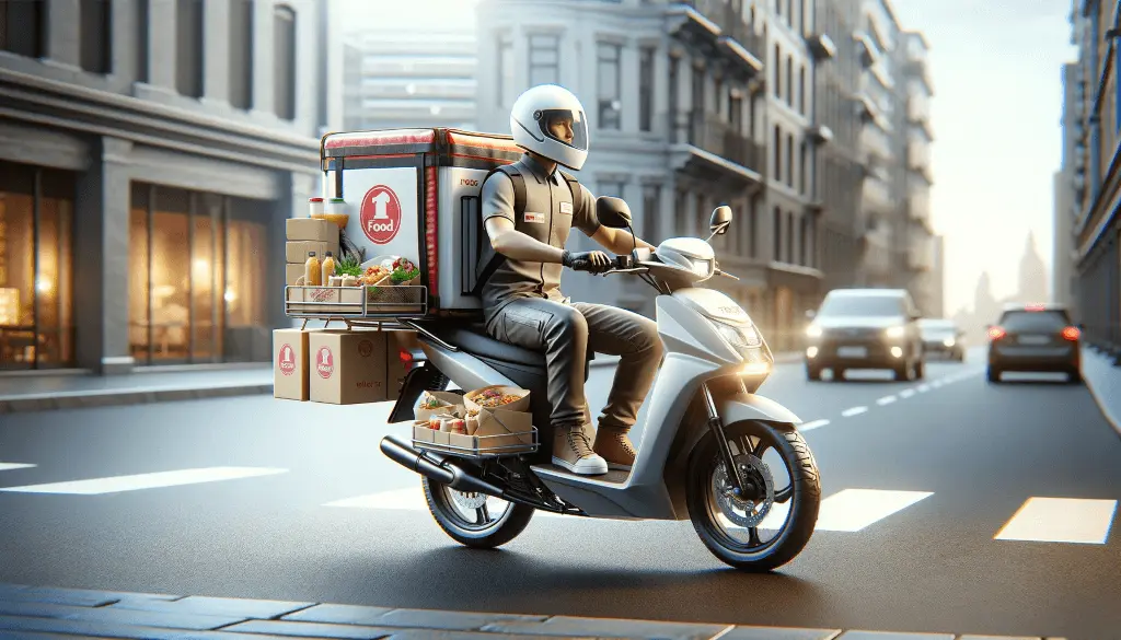 A delivery person riding a scooter loaded with food boxes, navigating through city streets.