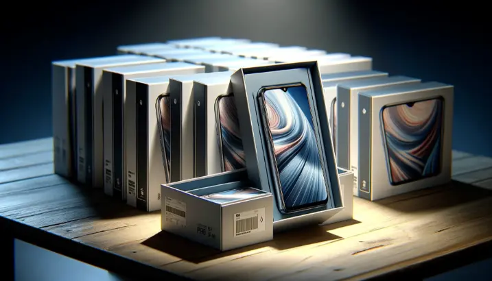 A Collection of smartphone boxes, with one open to display the phone, arranged on a wooden surface under dramatic lighting.