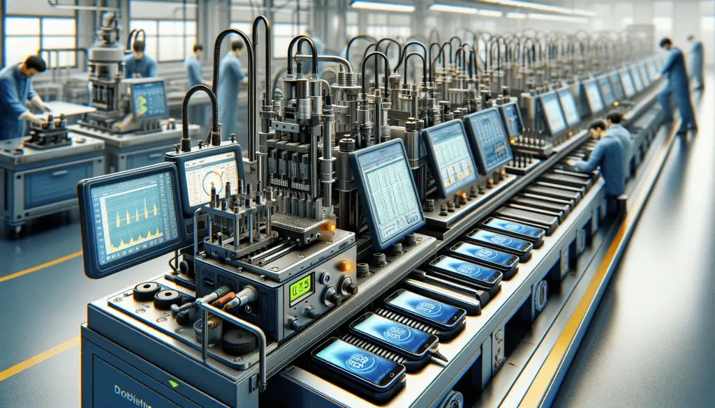 A modern electronics assembly line with workers and machinery manufacturing and testing high-tech devices.