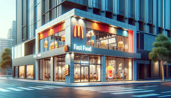 An modern fast-food restaurant storefront with the brand's iconic logo, large windows, and patrons dining inside.