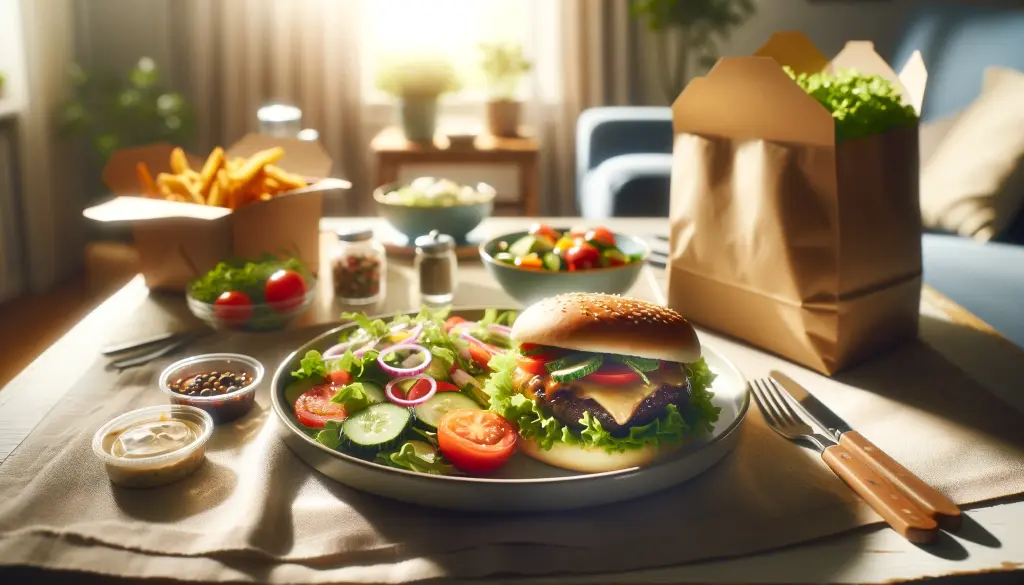 A delicious meal setup with a burger on a plate, salad, fries, dipping sauces, and takeaway bags on a dining table with warm lighting.