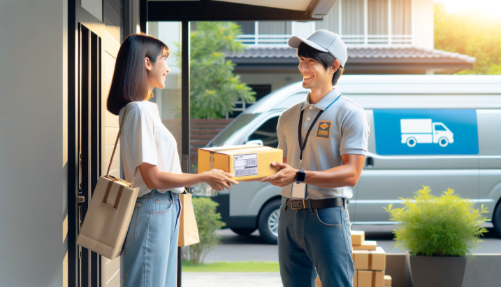 A smiling delivery man handing over a package to a happy woman at her doorstep, with a delivery van in the background