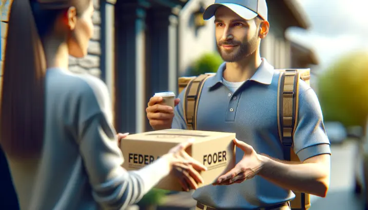 A delivery man in a cap and carrying a backpack handing over a package to a woman who is holding a coffee cup.