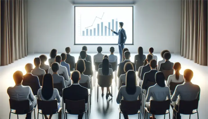 A presenter is giving a business presentation to a group of attentive professionals in a modern, well-lit conference room with a large screen displaying a growth chart.