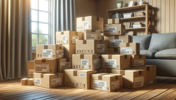"A pile of cardboard delivery boxes is stacked in a cozy room with sunlight streaming through a window, highlighting a comfortable living area.  "