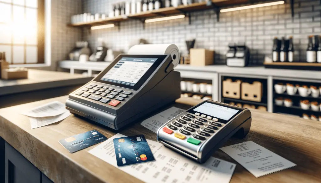 A Sale counter with a modern cash register, card payment terminal, and credit cards on a wooden countertop