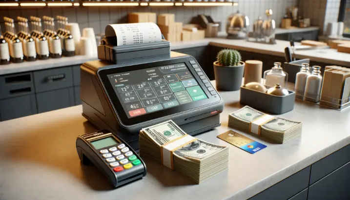 "A modern point of sale system with a card reader and stacks of cash and credit cards on a counter, indicating a transaction in progress. "