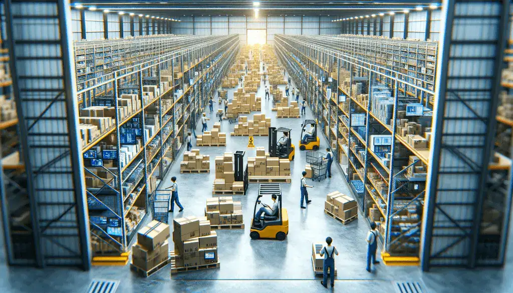 A set of Workers and forklifts operating in a vast warehouse with tall shelving filled with boxes, under bright overhead lights.